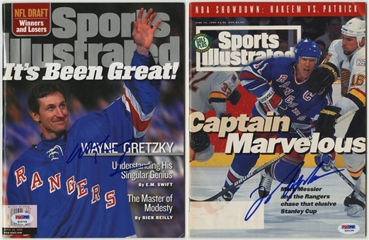 Lot of (2) Wayne Gretzky and Mark Messier Single Signed Sports Illustrated Magazines (PSA/DNA)